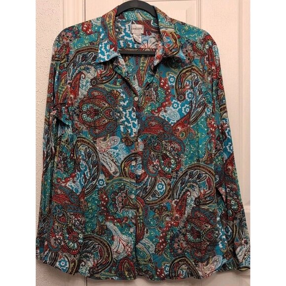 Chico's Women's Long Sleeve 100% Cotton Blouse Paisley Size 3 XL Button Down Top - Picture 1 of 6